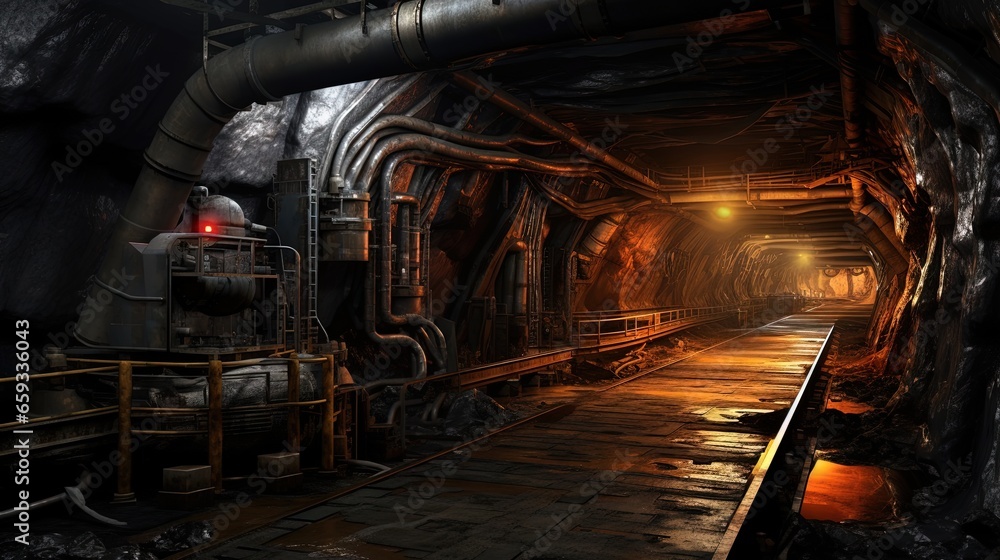 Belt conveyor in an underground tunnel. Transportation of ore to the surface