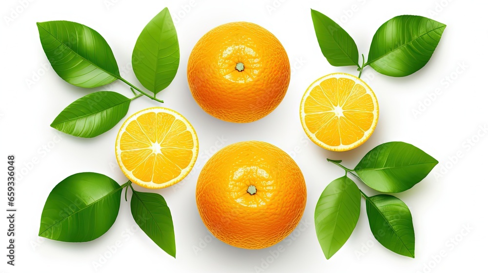Flat lay (top view) of Fresh orange fruit with sliced and green leaves isolated on white background.