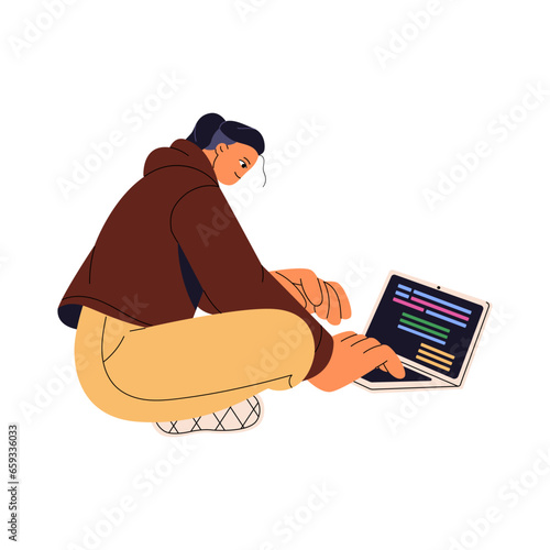 Coder working on laptop. Freelance programmer writing code, script. Software engineer typing, testing development. Frontend, backend programming. Flat isolated vector illustration on white background
