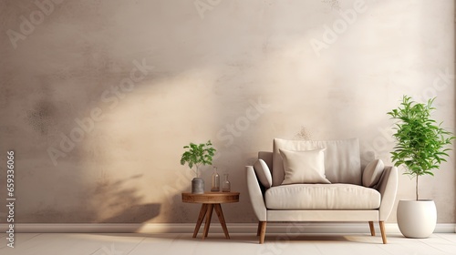 Boho style interior with gray sofa and armchair on cream color wall background.3d rendering