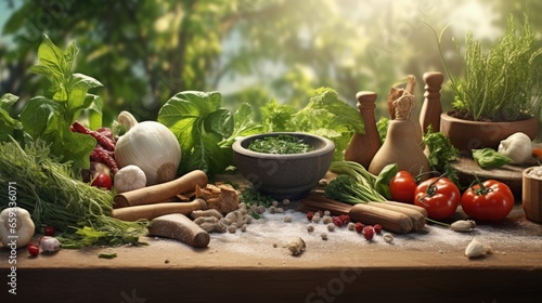 Fototapeta Naklejka Na Ścianę i Meble -  Panorama banner with fresh culinary herbs and spices on a chopping board with a pestle and mortar surrounded by fresh vegetables for salads