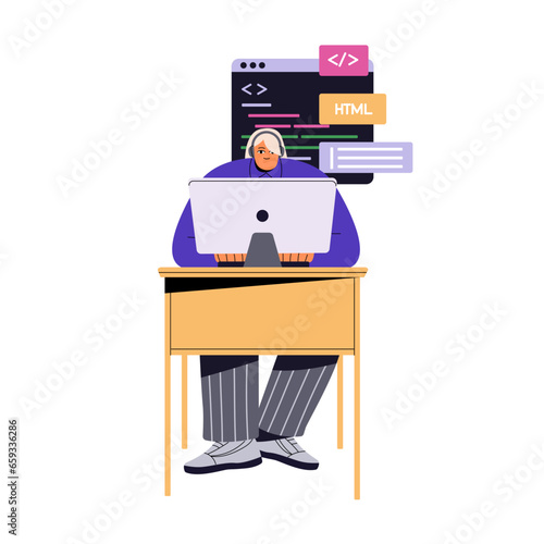 Software engineer with headphone writing code. Programmer solve algorithm, typing script, database. Coder working on computer. Programming languages. Flat isolated vector illustration on white