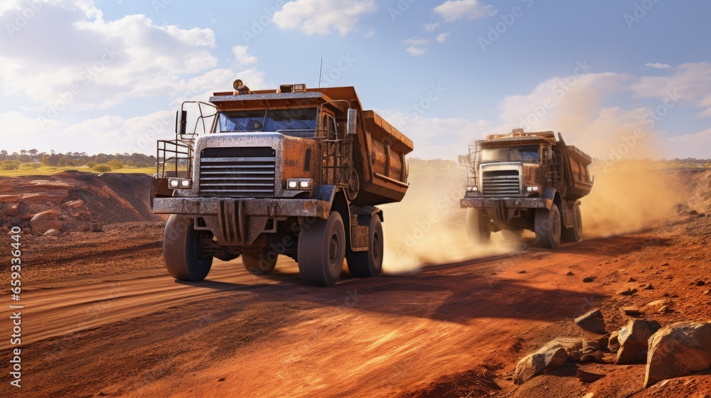 Two diesel-electric trucks used in modern mines and quarries for hauling industrial quantities of ore or coal. Used when extra torque is needed for steep hills. Queensland, Australia. Logos removed.