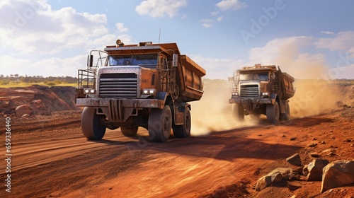 Two diesel-electric trucks used in modern mines and quarries for hauling industrial quantities of ore or coal. Used when extra torque is needed for steep hills. Queensland, Australia. Logos removed.