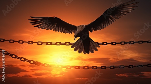 Freedom concept: Silhouette of bird flying and broken chains at sunset background
