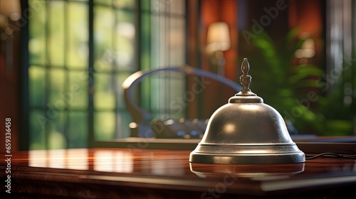 Service bell at information desk at a hotel, motel or restaurant for hospitality industry background. Customer service or help at receptionist in a luxury suite for tourism business © HN Works