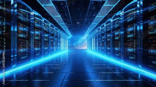 Big data analysis  cloud computing in data center. Technology storage  protection  processing digital information in internet. Server racks in datacenter compute statistics and social media big data.