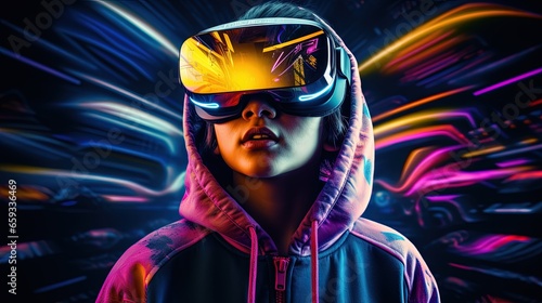 Teenager wearing virtual reality goggles, abstract world with neon lines. Virtual reality, new high technology, augmented future, global web concept