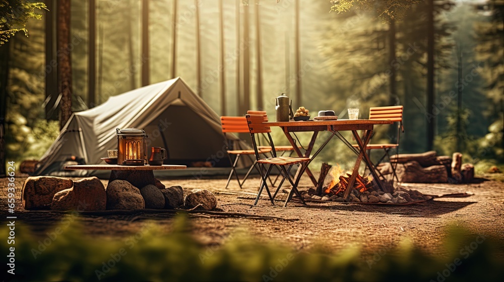 Wood table and Blurred camping and tents in forest.