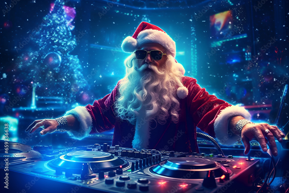 DJ Santa Claus in glasses on a blue background at the New Year party 3 - obrazy, fototapety, plakaty 