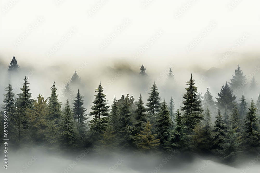 Rows of Green Pine Trees in Foggy Weather AI Generative