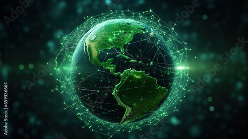 Fototapeta Naklejka Na Ścianę i Meble -  Virtual planet Earth with particles and lines. Network connection big data. Abstract technology green background. 3D rendering.