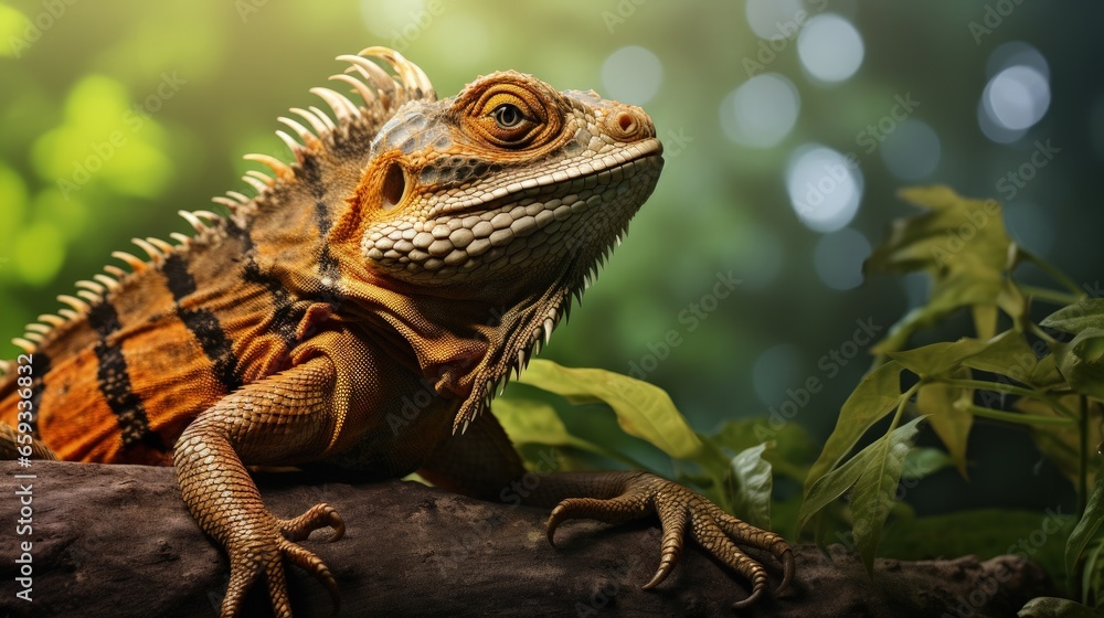 Fototapeta premium Oriental Garden Lizard on a branch, basking in the sun. This reptile with intricate scales is often found in Southeast Asia and makes for a great nature shot.