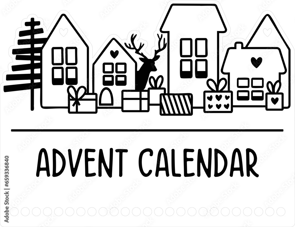 Advent Calendar Christmas decor vector lazer file, Christmas countdown winter illustration design, Deer houses Christmas gifts lazer file