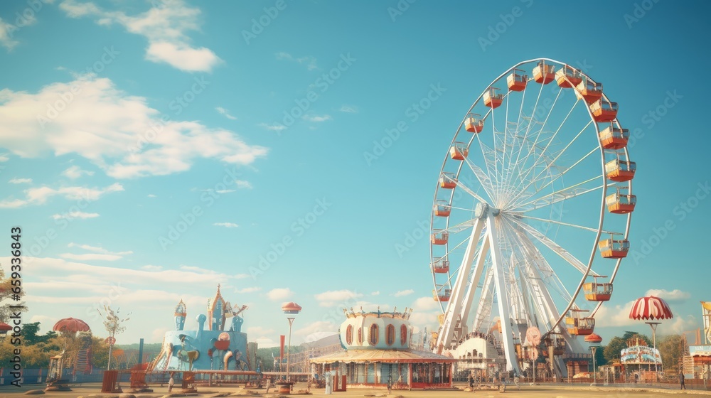 Amusement park ferris wheel in the blue sky