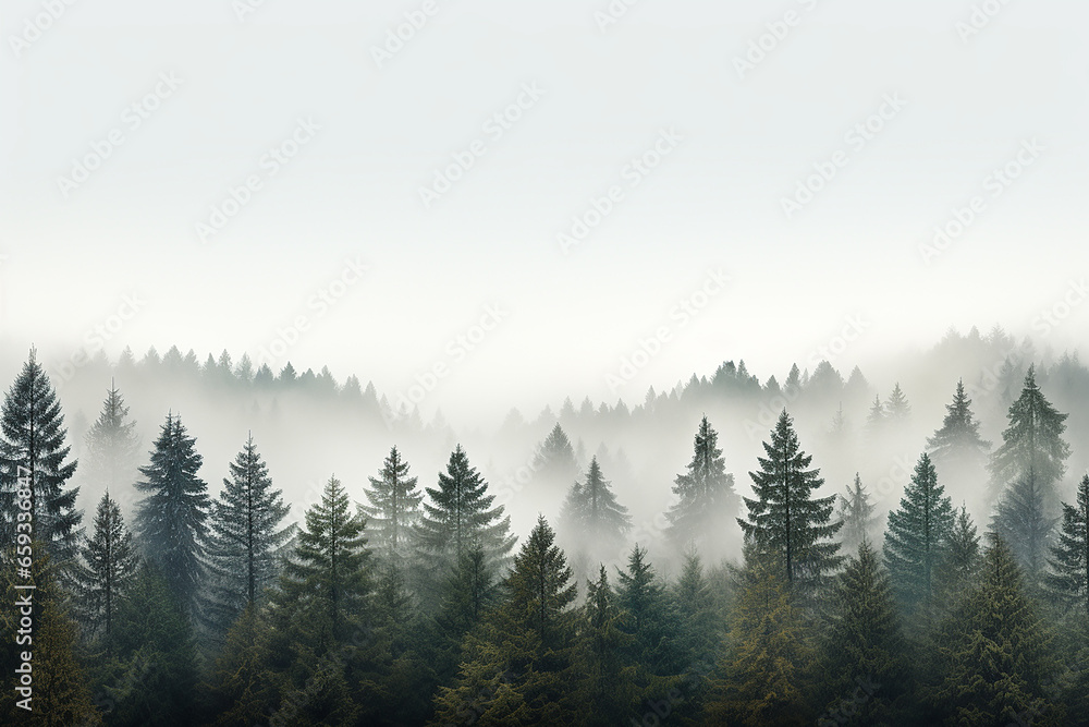 Rows of Nature Pine Trees in Forest with Foggy Weather AI Generative