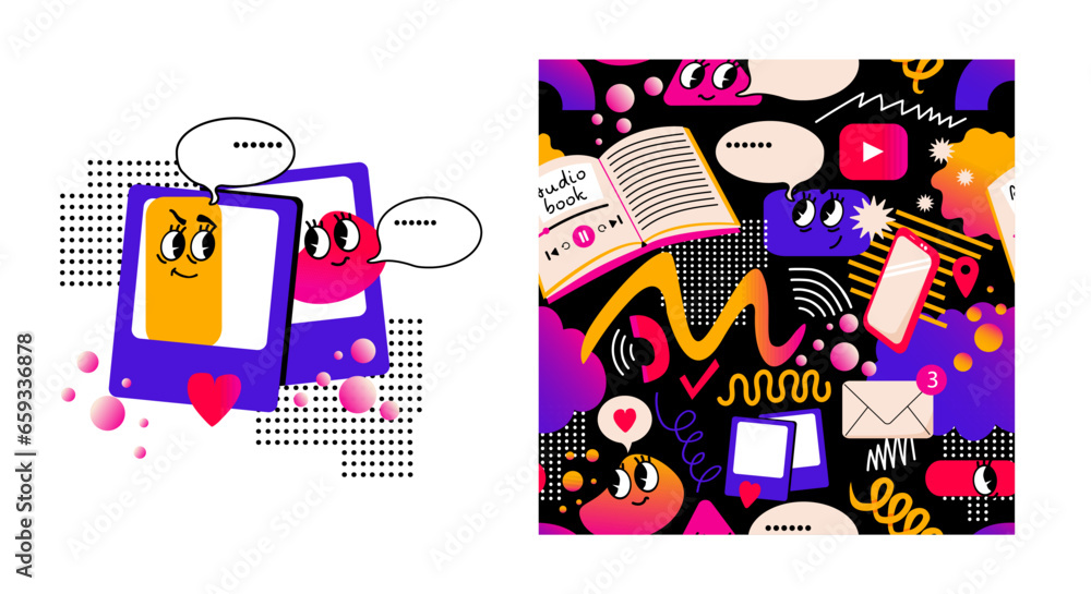Pattern with doodle abstract cute geometric elements. Card with photo and abstract characters chatting. Internet, phone, audiobook. Messaging, texting, call. Inbox message. Vector background