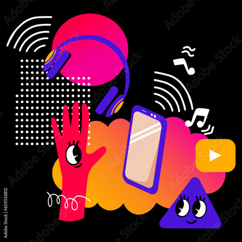 Music on smartphone. Doodles.  Concept of streaming music in online cloud. Soundtracks, songs. Audio radio app. Abstract cute geometric elements. Vector illustration on black