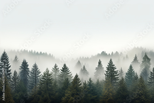 Rows of Nature Pine Trees in Forest with Foggy Weather AI Generative © heartiny