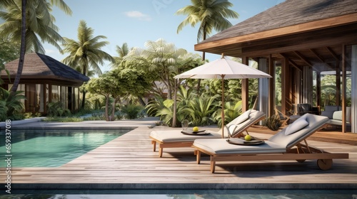 Pool villa resort landscape design and decoration with beach chair and umbrella, wooden chair on patio, 3d rendering pool side. © HN Works