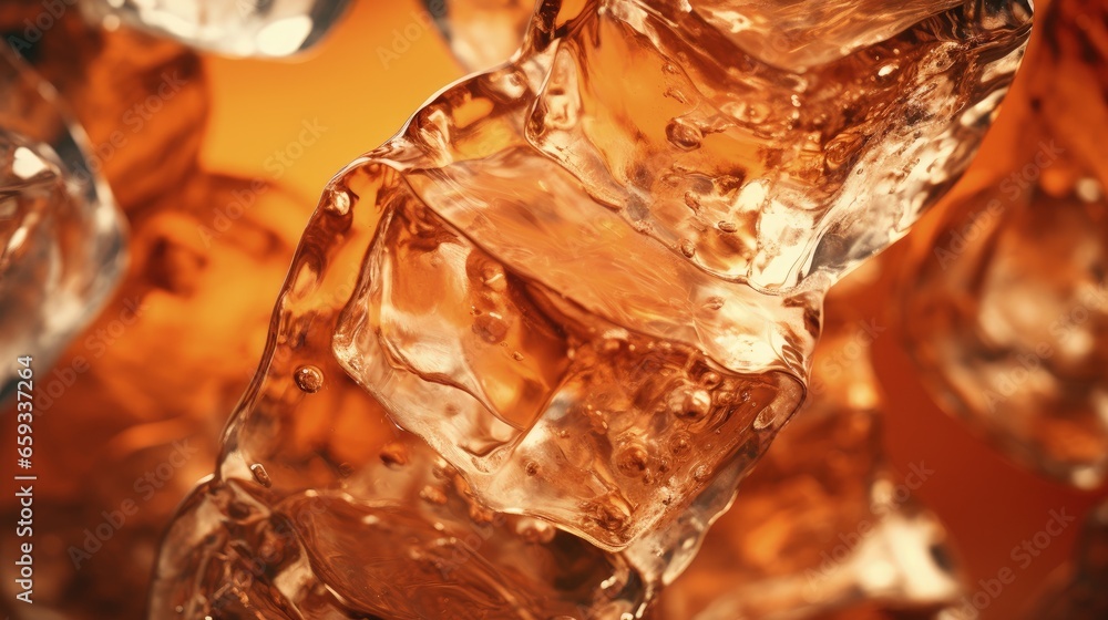 Closeup view of soda water with ice. Toned in orange Closeup view of soda water with ice. Toned in orange