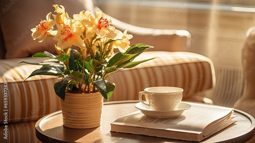 Selective focus on tray with open book, plant in vase and other home decor on coffee table, against classic armchair in art deco style. Element of modern interior in bright living room Selective focus on tray with open book, plant in vase and other home decor on coffee table, against classic armchair in art deco style. Element of modern interior in bright living room