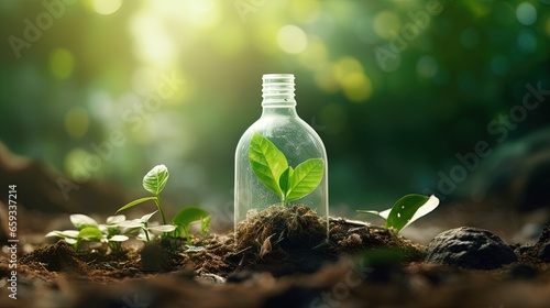 Environmentally friendly planet. Cartoon sketch of biodegradable plastic bottle with green sprouts and leaves. Plastic pollution affecting ecology. Ban plastic pollution.Save nature concept.