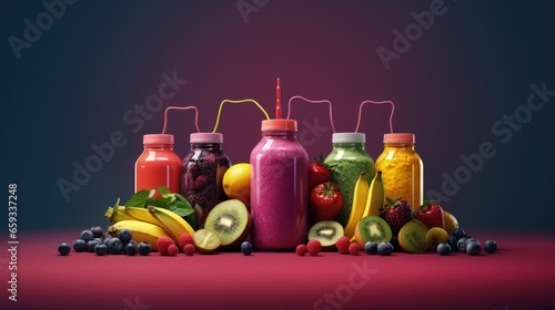 Healthy lifestyle concept. sport fitness equipment-several bottles with fruit and berry juices smoothies and milkshakes , jumping rope