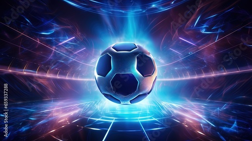 football 3d object in the abstract background, arena concept design, copy space, 3d illustration, glow neon light text frame, 3d rendering element, soccer game sport, sports equipment, realistic ball © HN Works