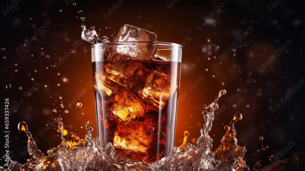 macro cola drink glass,Soft drink glass with ice splash on cool smoke background. Cola glass with summer refreshment. - obrazy, fototapety, plakaty 