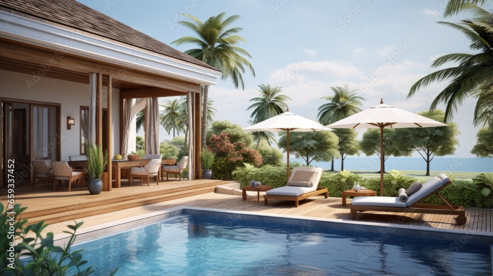 Pool villa resort landscape design and decoration with beach chair and umbrella, wooden chair on patio, 3d rendering pool side.