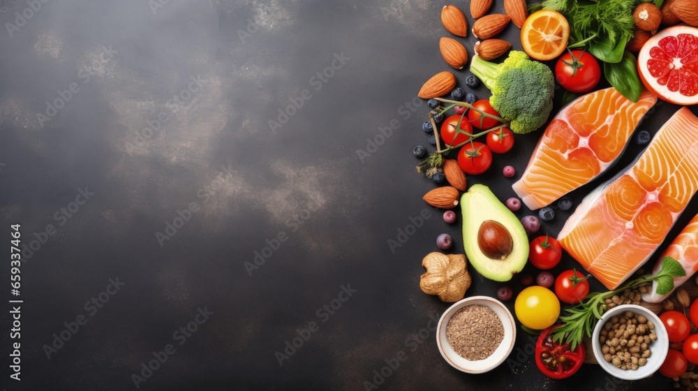 Assorted food for brain health and good memory: fresh salmon, vegetables, nuts, berries on stone background. Healthy fresh products to boost brain power, top view