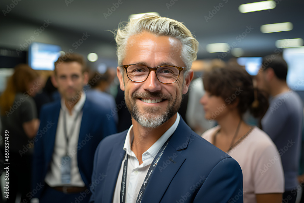 A gray-haired businessman with glasses smiles at a conference among his colleagues. A gray-haired businessman with glasses smiles at a conference among his colleagues.