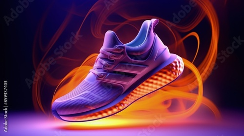 Fashion sneakers on vivid abstract background. Sport shoes in neon light. Violet and orange gradient.