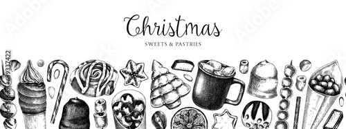 Christmas food background. Christmas market design template. Hand-drawn vector illustration. Hot drinks, candies, cookies, pastries sketches. Winter holiday menu border. Seamless pattern