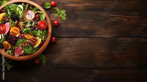 Fresh salad with fruits and greens on vintage wooden background top view with space for text.