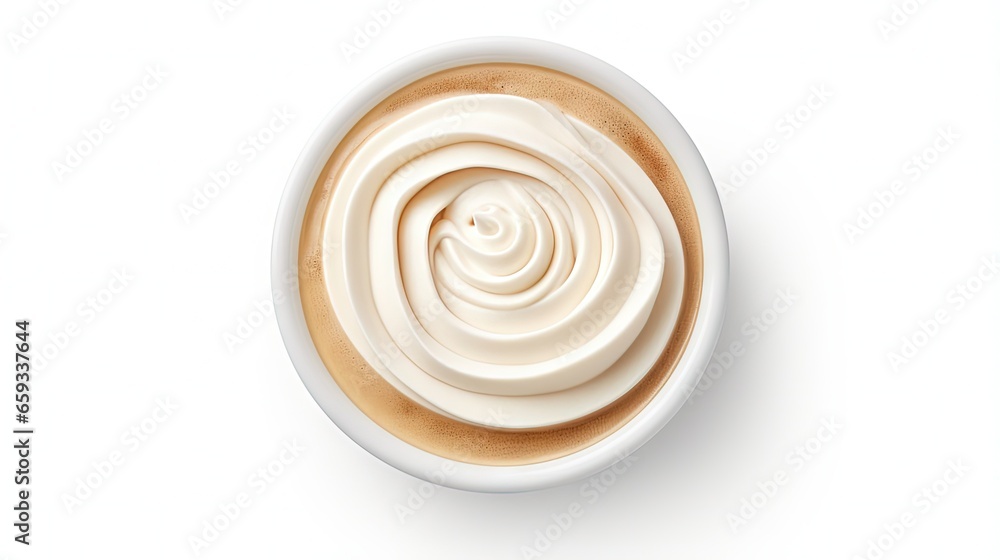 Top view of hot coffee cappuccino spiral foam isolated on white background, clipping path included Top view of hot coffee cappuccino spiral foam isolated on white background, clipping path included