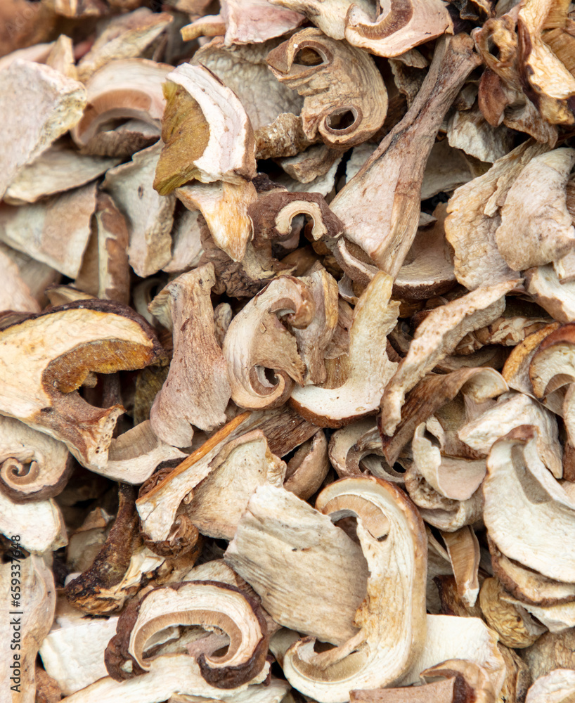 Dried porcini mushrooms as a background. Close-up Dried porcini mushrooms as a background. Close-up