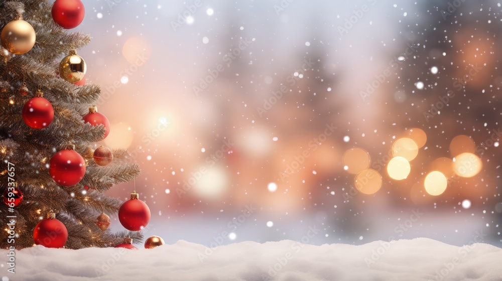 winter background with blurred xmas tree and bokeh lights, beautiful christmas lights in abstract snow landscape with advertising space, blurred decorated christmas tree with red balls winter background with blurred xmas tree and bokeh lights, beautiful christmas lights in abstract snow landscape with advertising space, blurred decorated christmas tree with red balls