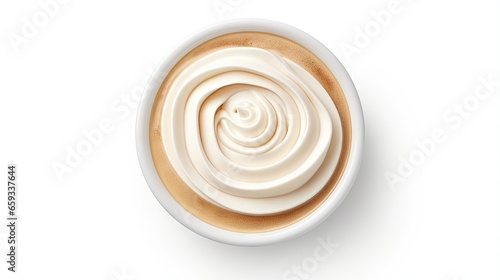 Top view of hot coffee cappuccino spiral foam isolated on white background, clipping path included