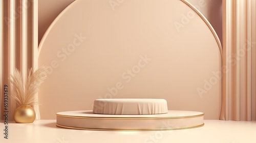 3D background. Beige podium, display mockup. Silk cloth in motion. Gold arch frame for Beauty, product, cosmetic presentation. Feminine scene with pedestal. 3d render.