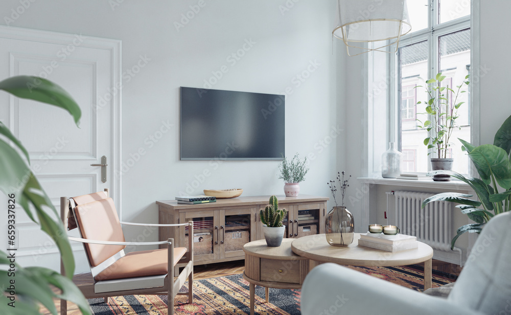 View of Scandinavian interior design of the living room with windows, white ...