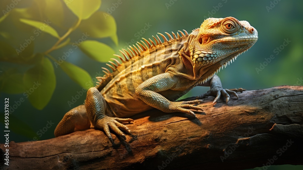 Naklejka premium Oriental Garden Lizard on a branch, basking in the sun. This reptile with intricate scales is often found in Southeast Asia and makes for a great nature shot.