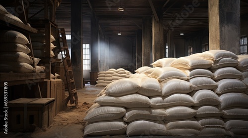 In a warehouse factory of bags rice grain, groats and a flour is prepared for sending to the consumer. © HN Works