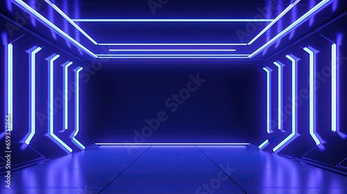 3d render, abstract panoramic background with neon lines glowing in ultraviolet spectrum. Empty virtual room, square frame © HN Works