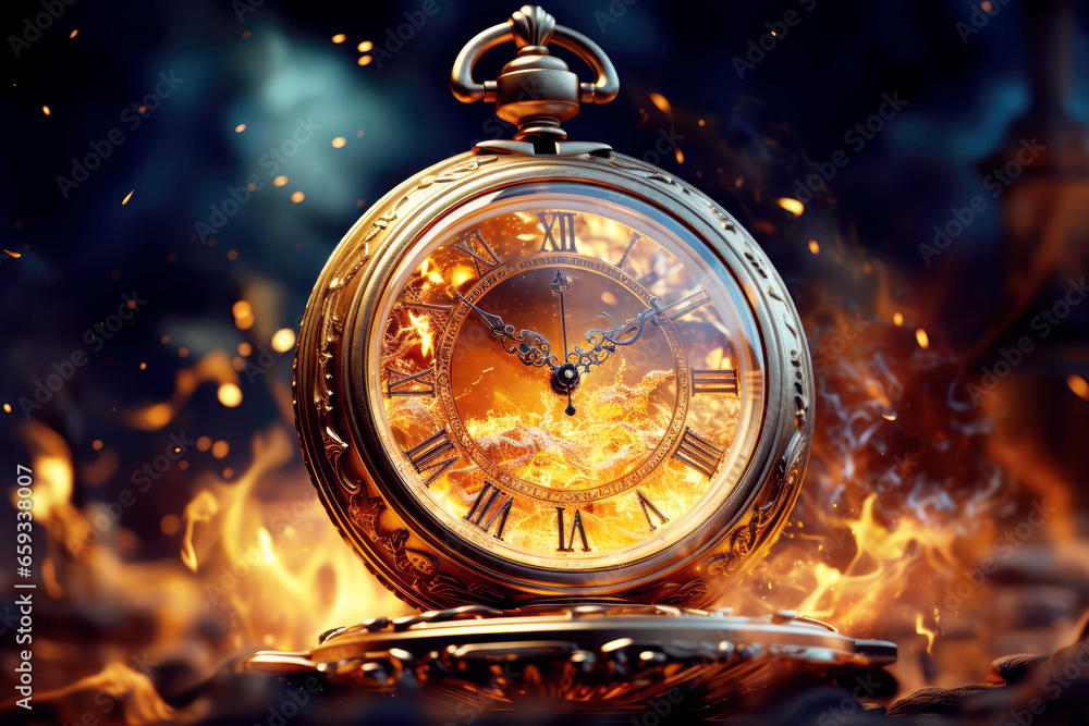 Antique pocket watch is burning The concept of little time, time is burning.
