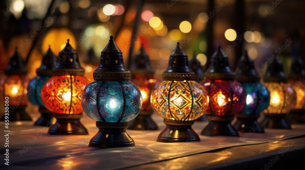 Traditional arabic lamps for sale at the night arabic market. - obrazy, fototapety, plakaty 