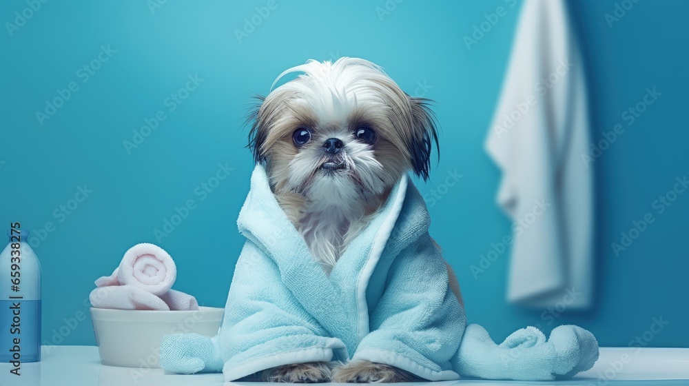 Shih tzu dog after washing. With bathrobe, towels and comb. Soft blue background tint. - obrazy, fototapety, plakaty 