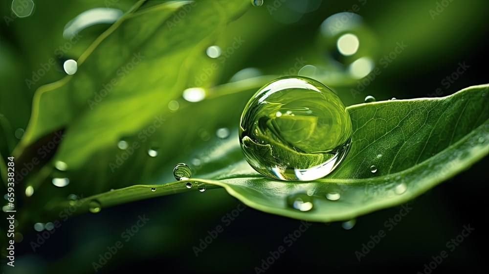 Beautiful water drops on a leaf close-up and recycle logo Beautiful water drops on a leaf close-up and recycle logo
