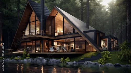 3d rendering of a wooden modern house in the woods